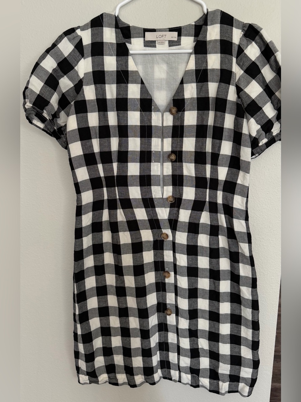 LOFT Black & White Gingham Button-Front Dress